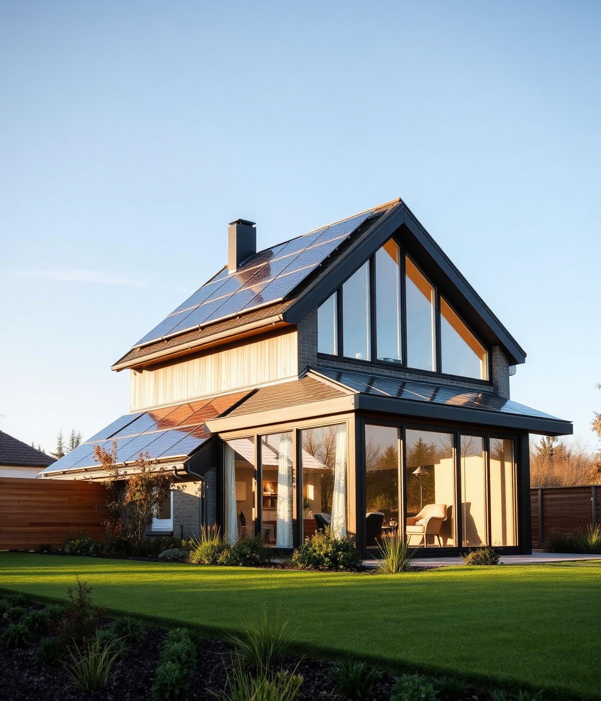 Moderne duurzame woning met zonnepanelen in ochtendlicht